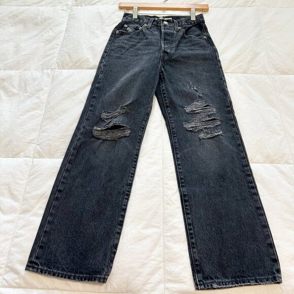 Levi’s Premium Ribcage Straight Ankle Jeans Black Distressed Size 24 High Rise - Picture 8 of 9